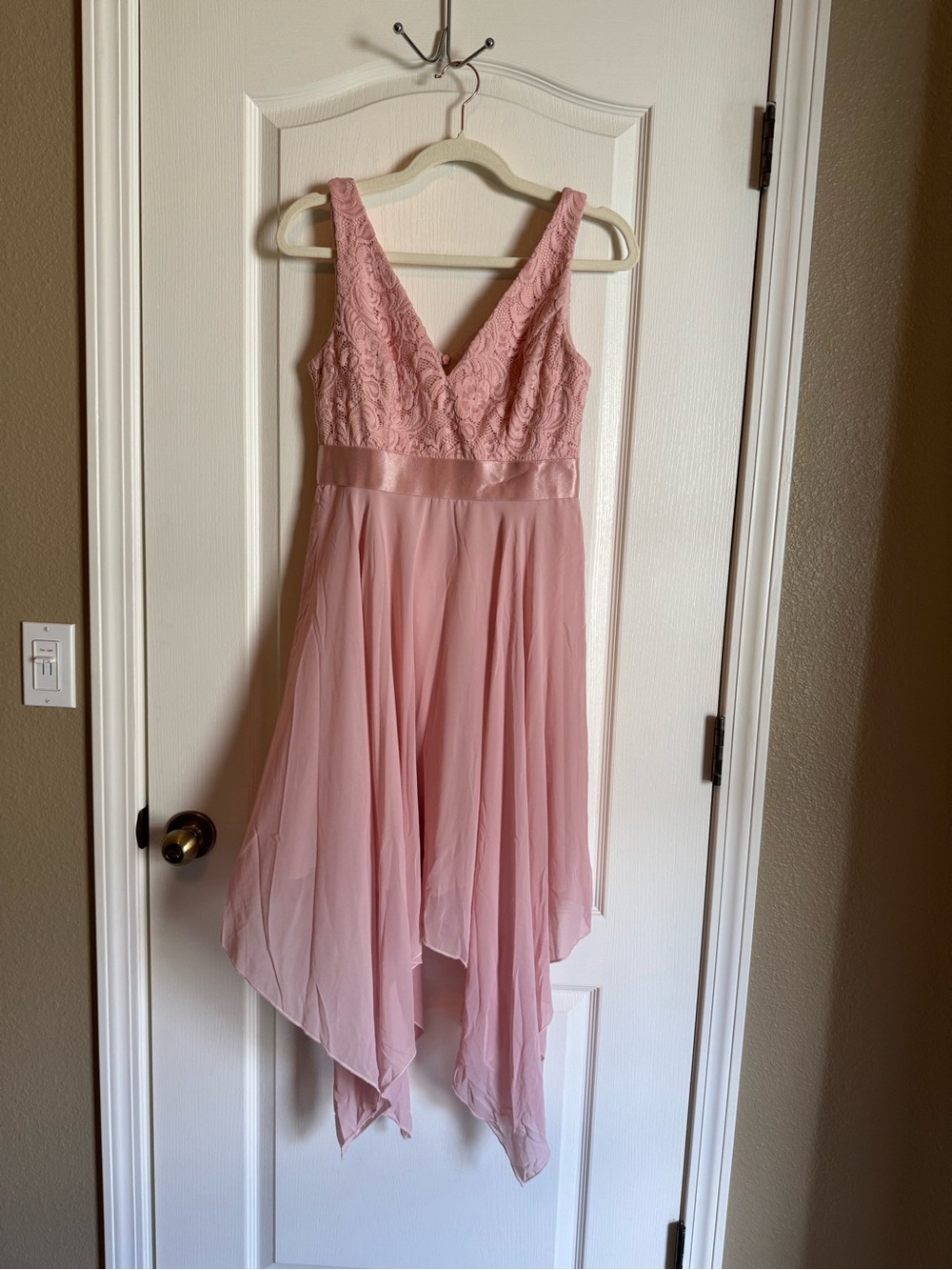 Ever Pretty Blush Pink Lace V-Neck Handkerchief Hem Midi Dress